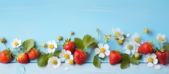 Poster - Fresh wild strawberries flowers and leaves on light blue wooden table flat lay Space for text. copy space available