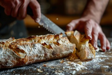 Wall Mural - A closeup shot of hands slicing through a crusty baguette with a serrated knife