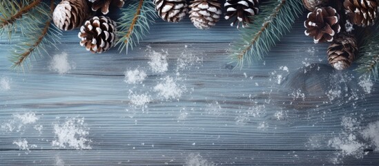 Aufkleber - Christmas background concept Top view of spruce branches with snow and pine cones on old wooden background. copy space available