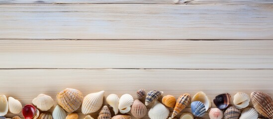 Poster - little shells on a wooden background seashells. copy space available