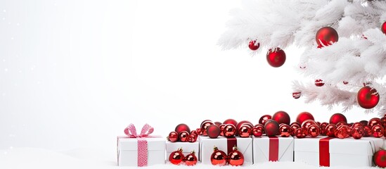 Fototapete - A festive holiday winter scene with a white gift box adorned with a scarlet ribbon surrounded by New Year balls and candy A winter tree completes the Christmas composition on a white background perfe