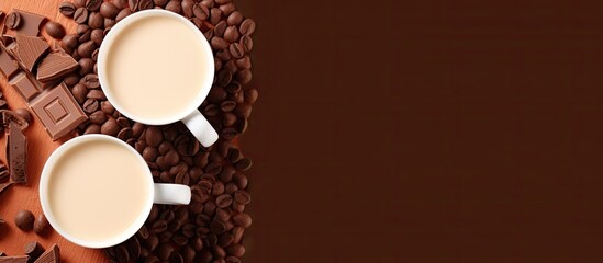 Wall Mural - Pieces of chocolate and a carafe of milk on a brown color background Top view place for text. copy space available