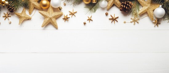 Aufkleber - Christmas composition with square white copy space Christmas ornaments fir branches golden stars on white wooden background Flat lay top view