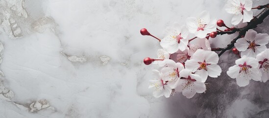 Aufkleber - White flower cherry blossom on a light background postcard spring wallpaper Sakura flowers on stone background Copy space Flat lay