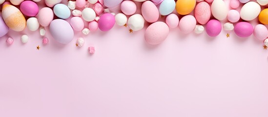 Poster - Top view of a light pink background with a white frame adorned with colorful Easter eggs and sweet candy Perfect for Easter greeting cards. copy space available