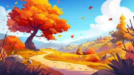 Poster - Autumn forest modern landscape. Path near orange tree in cartoon fall park scene. Sunny day in valley horizon, golden autumn leaves and footpath on road between maple woods, blue sky, cloudless day.