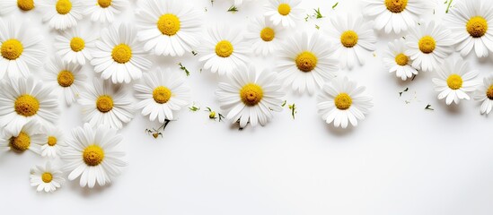 Wall Mural - White background with chamomile flowers and copy space Flat lay top view copy space Spring summer concept