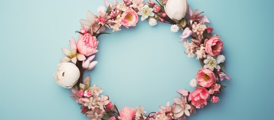 Wall Mural - Flowers composition creative Wreath made of light pink flowers on pastel blue background Flat lay top view copy space square
