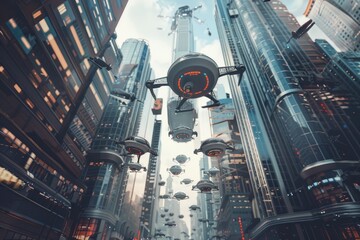 Wall Mural - A futuristic cityscape filled with towering buildings and flying vehicles creating a bustling atmosphere