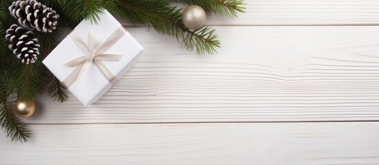 Wall Mural - Christmas gift box with tag New Year present in white box with fir branches at white wooden table Flat lay with copy space Celebration holiday season and winter concept