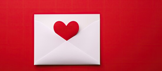 Poster - Red paper envelope with empty white card and heart on colored background top view valentines day concept. copy space available