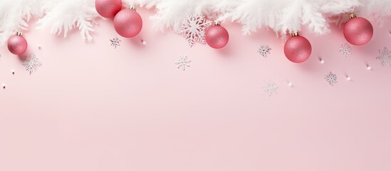 Aufkleber - Happy New Year and Christmas day top view flat lay composition decoration snow white on pink background with copy space for your text