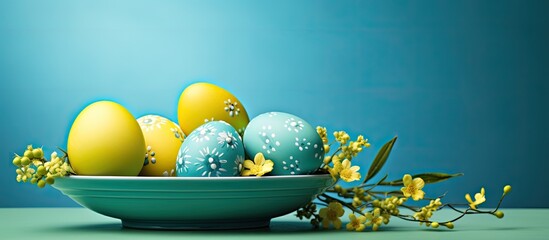 Aufkleber - Colored festive painted Easter eggs with dots on a yellow plate on a blue background Holiday spring chicken quail bright eggs Cooking happy Easter. copy space available