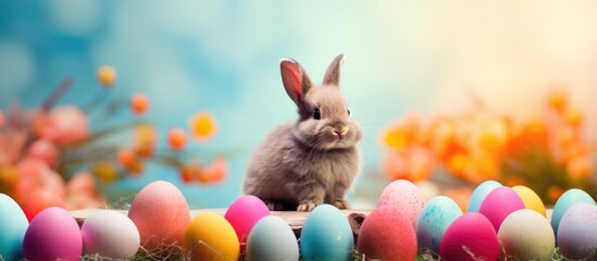 Aufkleber - Colorful Easter themed composition with a charming bunny and eggs set against a vibrant background creating an appealing copy space image