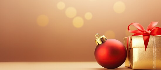 Poster - Christmas bauble and Christmas present Bright paper background Copy space