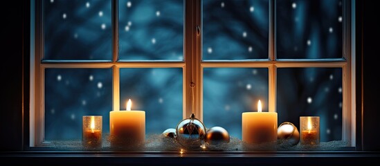 Aufkleber - Christmas candles on background night window. copy space available