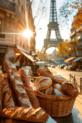 Freshly baked gourmet breads for sale in French bakery. Baguettes on early sunny morning in Paris, France.