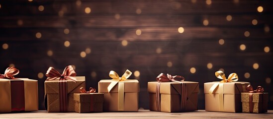Poster - Gift boxes on a wooden background toned photo. copy space available