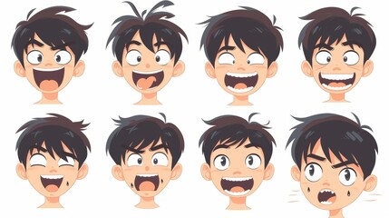 Wall Mural - Asian teen boy mouth animation set isolated on white background. Modern illustration of young male head, brows, and lip sync with happy, sad, neutral feelings.