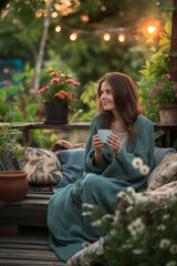 Young woman having a cup of tea on cozy wooden terrace with rustic wooden furniture, soft colorful pillows, light bulbs and flower pots. Charming sunny evening in summer garden.