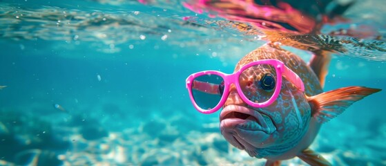 Wall Mural - Funny fish animal summer holiday vacation travel photography banner background - Devilfish with pink sunglasses swimming relaxing in the ocean sea water, underwater