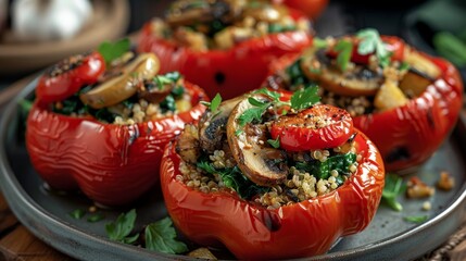 Wall Mural - Roasted Red Bell Peppers Stuffed with Quinoa, mushroom, spinach. Generative AI.