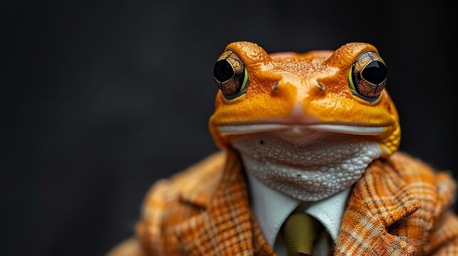 Orange suit frog, portrait, black backdrop, sharp focus, high contrast, whimsical charm