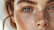 © Santy Hong - the close-up of a girl's face, adorned with charming freckles and defined eyebrows, as she carefully applies a potent anti-aging skincare cream.