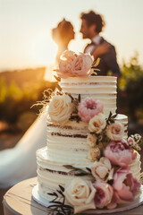Wall Mural - Beautiful traditional wedding cake decorated with flowers in outdoor wedding venue, with bride and groom on the background.