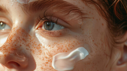 Wall Mural - the close-up of a girl's face, adorned with charming freckles and defined eyebrows, as she carefully applies a potent anti-aging skincare cream.