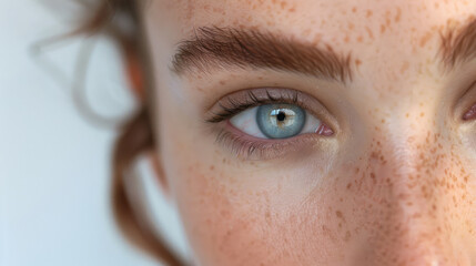 Wall Mural - the close-up of a girl's face, adorned with charming freckles and defined eyebrows, as she carefully applies a potent anti-aging skincare cream.