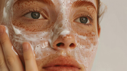 Wall Mural - the close-up of a girl's face, adorned with charming freckles and defined eyebrows, as she carefully applies a potent anti-aging skincare cream.