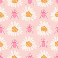 Wall Mural - cute abstract hand drawn seamless vector pattern illustration with white daisy flowers and pink insects on pastel pink background	