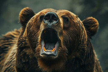 Poster - Closeup of an expressive brown bear roaring with visible teeth, set against a dark rainy backdrop