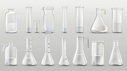 Realistic 3d chemistry laboratory test glass beaker. Lab equipment set on transparent background. Empty measuring bottles and chemical containers.