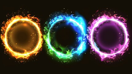 Wall Mural - Colorful circular light flare effects isolated on dark black background. Modern illustration of colorful rings glowing, sparkling with shimmering particles, smoke, halo, energy vortex and space halo.