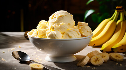 Wall Mural - Bowl of banana ice cream and banana on dark background