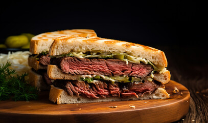 Wall Mural - Roast beef sandwich with tomato, onion, lettuce and mustard sauce on dark background. Delicious healthy lunch with meat, hearty food