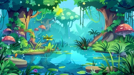 Wall Mural - The jungle forest with the swamp backdrop for a video game. Fantasy tropical woods scene with bog water, grass and foliage, mushrooms and lianas. Cartoon illustration.