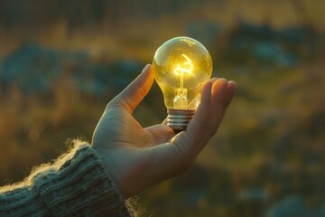 Poster - Warmtoned image capturing a hand holding a glowing light bulb with a sunset backdrop