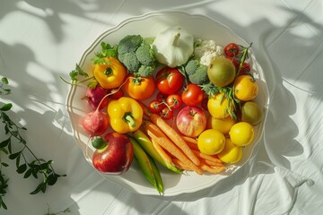 Wall Mural - Colorful fruits and vegetables arranged on a white ceramic plate, highlighting freshness and variety