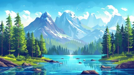 Wall Mural - Evergreen fir trees on river banks, rocky peaks in the distance, blue sky and mountain lake landscape. Modern illustration suitable for travel adventure games.