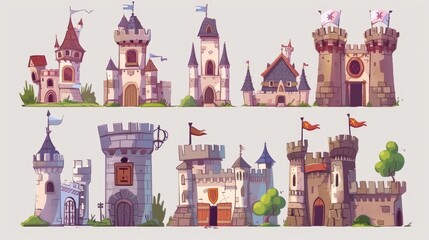 Poster - Various medieval fairytale castles with windows and doors, stone walls, and flags on towers. Modern illustrations of ancient palaces and fortresses for kingdom building.