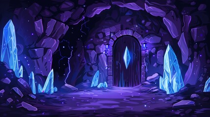 Wall Mural - Imaginary portal to another realm or level in a dark cave with stone walls and gem crystals. Cartoon modern magic entrance or portal to another dimension in a rocky underground cave or dungeon.