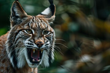 Sticker - Captivating closeup of a eurasian lynx snarling against a blurred natural background