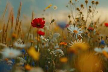 Poster - Tranquil scene of a colorful wildflower meadow bathing in the warm golden hour light