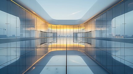 Minimalist architecture, exterior of the exhibition hall is a glass curtain wall, white walls and dark floor tiles, modern buildings. Generative AI.