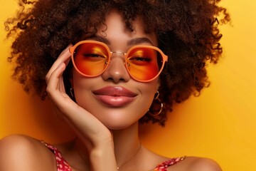 Wall Mural - Charming young woman with curly hair showcasing vibrant orange sunglasses against a warm yellow background