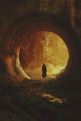 Poster - AI generated illustration of mysterious figure in long coat in corroded sewer tunnel with fiery glow