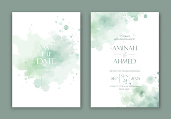 Wall Mural - Wedding Invitation with pink watercolor spots, blurs and paint drips.